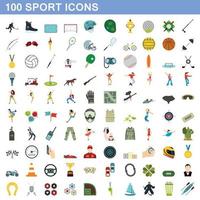 100 icone dello sport impostate, stile piatto vettore