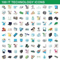 100 icone di tecnologia IT impostate, stile cartone animato vettore