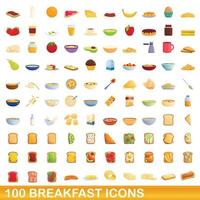 100 set di icone per la colazione, stile cartone animato vettore