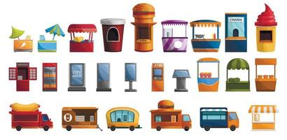 set di icone per chiosco di strada, stile cartone animato vettore