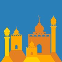 illustrazione della moschea gialla con due minareti e cinque cupole in stile carta per momenti islamici come ramadan ed eid vettore