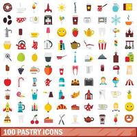 Set di 100 icone di pasticceria, stile piatto vettore