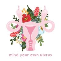 pensa al tuo utero. utero che mostra il dito rude. donne diritti donne uguaglianza 1973 e campagna scelta. volantino per aborto pro choice. illustrazione vettoriale isolato.