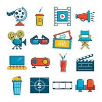 icone del cinema impostano simboli, stile cartone animato vettore
