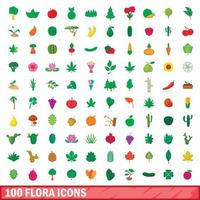 100 icone di flora impostate, stile cartone animato vettore