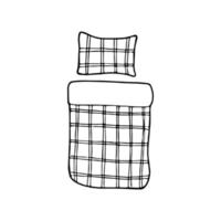 letto a quadri doodle disegnato a mano. cuscino e coperta vettoriali. vettore