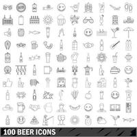 100 icone di birra impostate, stile contorno vettore