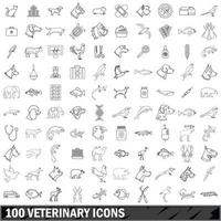 100 set di icone veterinarie, stile contorno vettore