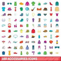 100 set di icone di accessori, stile cartone animato vettore