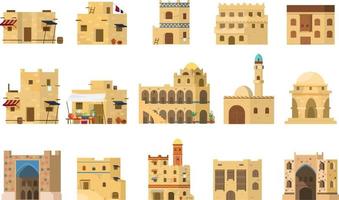 set vettoriale piatto di autentiche tradizionali case di mattoni di fango arabe. architettura islamica. isolato su bianco.