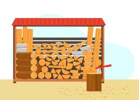 illustrazione vettoriale di catasta di legna con diversi tipi di legna da ardere e tavole. ceppo con ascia con segatura.