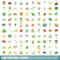 100 icone della natura impostate, stile cartone animato vettore