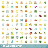 100 icone di ricchezza impostate, stile cartone animato vettore