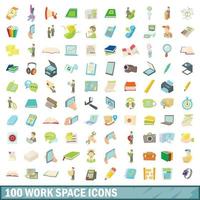100 icone dello spazio di lavoro impostate, stile cartone animato vettore