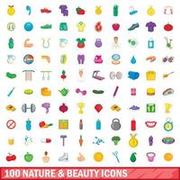 100 set di icone di natura e bellezza, stile cartone animato vettore