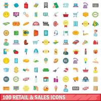 100 icone di vendita al dettaglio e di vendita, stile cartone animato vettore