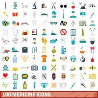 100 icone di medicina impostate, stile piatto vettore