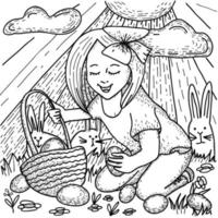 pagina da colorare di buona pasqua. illustrazione vettoriale di una bambina in possesso di un cesto con uova di Pasqua all'aperto su un prato fiorito primaverile. simpatici bannie pasquali.