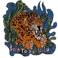 ritratto colorato di vettore disegnato a mano di un leopardo ringhiante in stile doodle. testo nato per essere selvaggio.