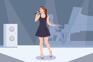 giovane donna che canta con microfono cantante jazz sul palco del concerto., personaggi dei cartoni animati illustrazione vettoriale. vettore