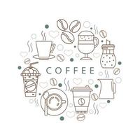 cerchio di icone con caffè. concetto con diversi elementi di caffè. illustrazione per t-shirt, banner, volantini e altri tipi di design aziendale. vettore