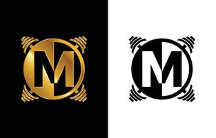 alfabeto monogramma iniziale m con un bilanciere. disegno del logo vettoriale di sollevamento. logo vettoriale moderno per bodybuilding, palestra, fitness club, business e identità aziendale