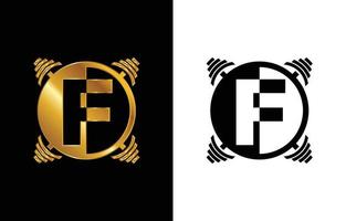alfabeto monogramma f iniziale con un bilanciere. disegno del logo vettoriale di sollevamento. logo vettoriale moderno per bodybuilding, palestra, fitness club, business e identità aziendale