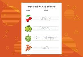 traccia i nomi dei frutti. pratica della scrittura a mano per bambini in età prescolare. vettore
