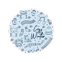 un set di abbigliamento invernale disegnato a mano. illustrazione vettoriale in stile doodle. umore invernale. ciao 2023. buon natale e felice anno nuovo. elementi blu a forma di cerchio su sfondo bianco.