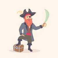 illustrazione vettoriale del pirata con il vecchio scrigno del tesoro e la spada