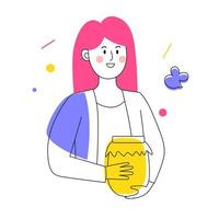 personaggio femminile con un vasetto di miele. illustrazione di contorno con accenti colorati. illustrazione vettoriale. vettore