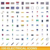 100 icone elettriche impostate, stile cartone animato vettore