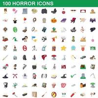 100 icone horror impostate, stile cartone animato vettore