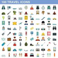 100 icone di viaggio impostate, stile piatto vettore