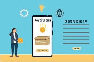 illustrazione dell'app di crowdfunding per scopi di donazione vettoriale. design del personaggio piatto femminile con moneta d'oro e telefono cellulare. vettore di processo di donazione online e raccolta fondi con un'app di crowdfunding.