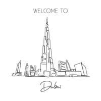 un punto di riferimento della torre di burj khalifa di disegno a linea continua. luogo iconico del mondo a dubai, emirati arabi uniti. concetto di stampa di poster di arte della decorazione della parete della casa delle vacanze di vacanza. illustrazione vettoriale moderna con disegno a linea singola