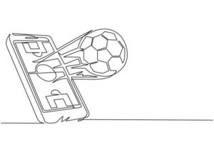 smartphone con disegno continuo di una linea con app calcio calcio e pallone. campionato di streaming sportivo mobile. partite di calcio online. calcio mobile. illustrazione grafica vettoriale di disegno a linea singola