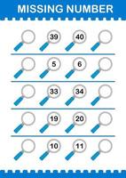 numero mancante con lente d'ingrandimento. foglio di lavoro per bambini vettore