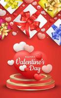 banner di san valentino con confezione regalo e podio vettore