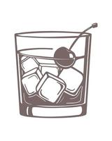 disegno a tratteggio di un bicchiere con whisky e una ciliegia. disegno bianco marrone. icona, illustrazione, vettore