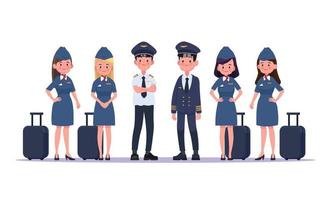 gruppo di piloti e assistenti di volo, hostess. personaggi di persone dal design piatto. vettore