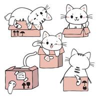 carino divertente gattino bianco giocoso in rosa scatole di cartone collezione, adorabile cartone animato gatto animale domestico disegnato a mano vettore