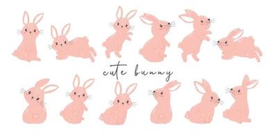 simpatico coniglietto rosa in diverse pose collezione, cartone animato animale disegno a mano illustrazione vettoriale