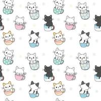 sfondo senza cuciture simpatico gattino gatto in tazza di caffè tazza da tè cartone animato doodle disegno a mano isolato su sfondo bianco vettore