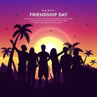 felice giorno di amicizia design sfondo con silhouette giovanile allegra e sfondo tramonto vettore
