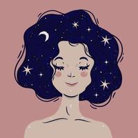 cartolina con una ragazza carina con la luna e le stelle tra i capelli. grafica vettoriale. vettore