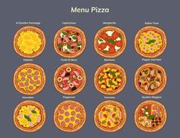 raccolta di diversi tipi di pizza. grafica vettoriale. vettore