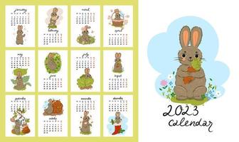 calendario per l'anno 2023 del coniglio con simpatici personaggi. grafica vettoriale. vettore
