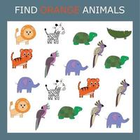 attività educativa per bambini, trova l'animale arancione tra quelli colorati. gioco di logica per bambini. vettore