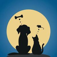 cane e gatto si siedono sullo sfondo della luna e del cielo notturno vettore